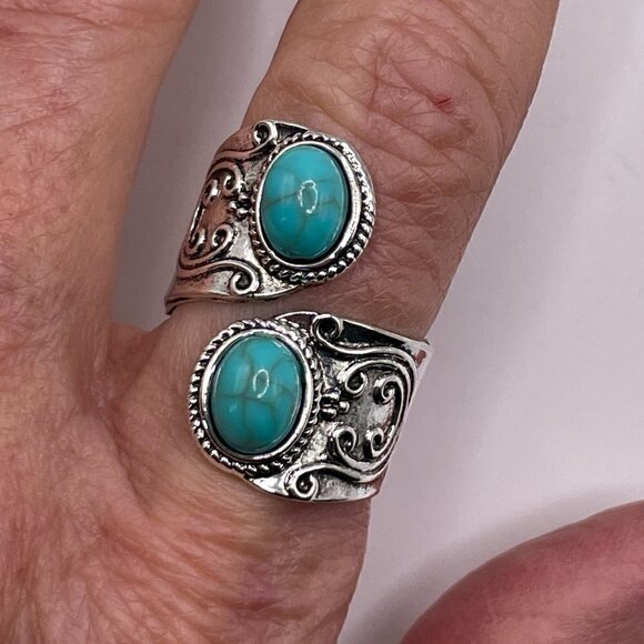 Boho Faux Turquoise Scroll Adjustable Spoon Ring #1312 - Picture 3 of 14